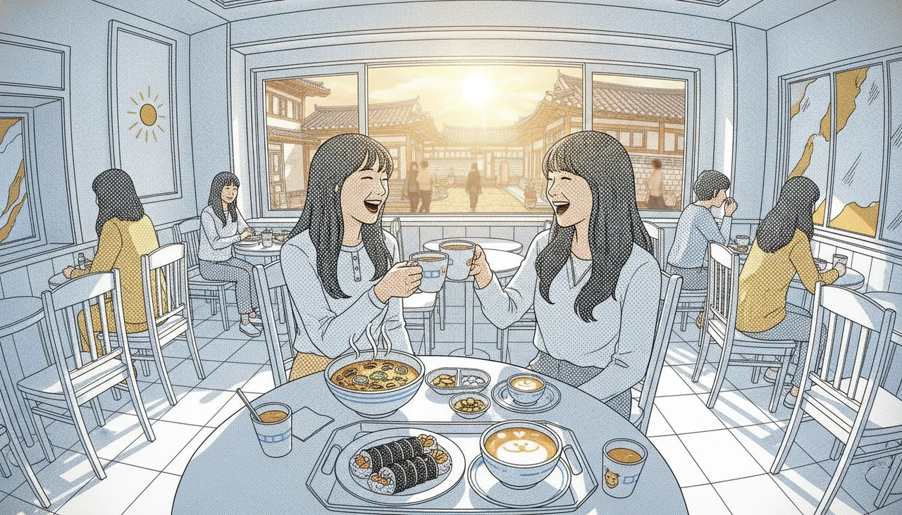 A unique 2D cartoon optical illusion cafe interior