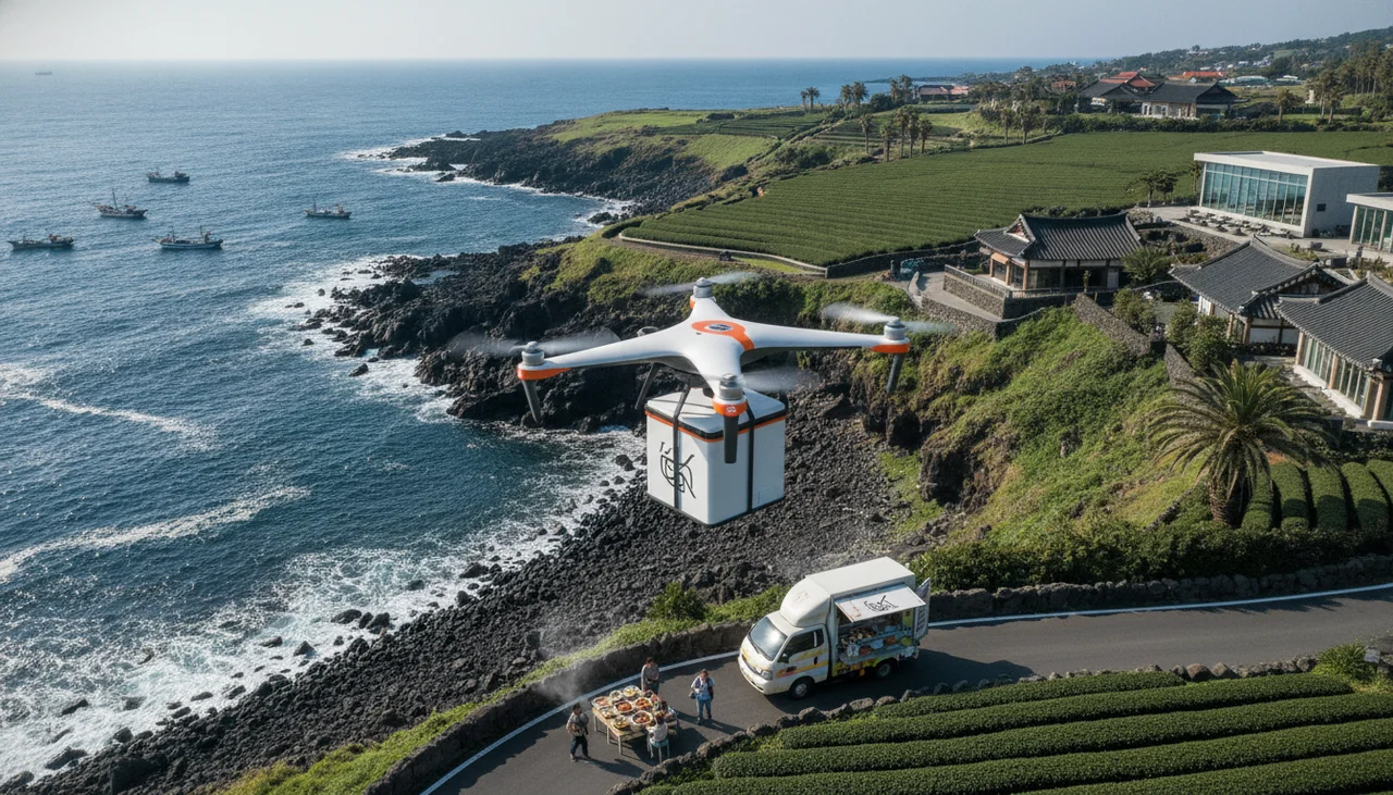 Drone delivering packages over Jeju coast