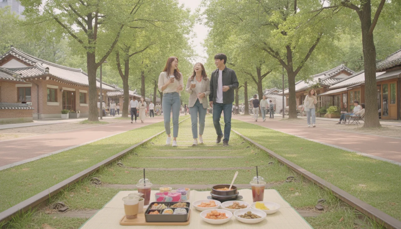 Friends strolling Gyeongui Line Forest Park
