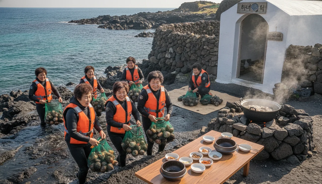 Haenyeo divers gathering shellfish