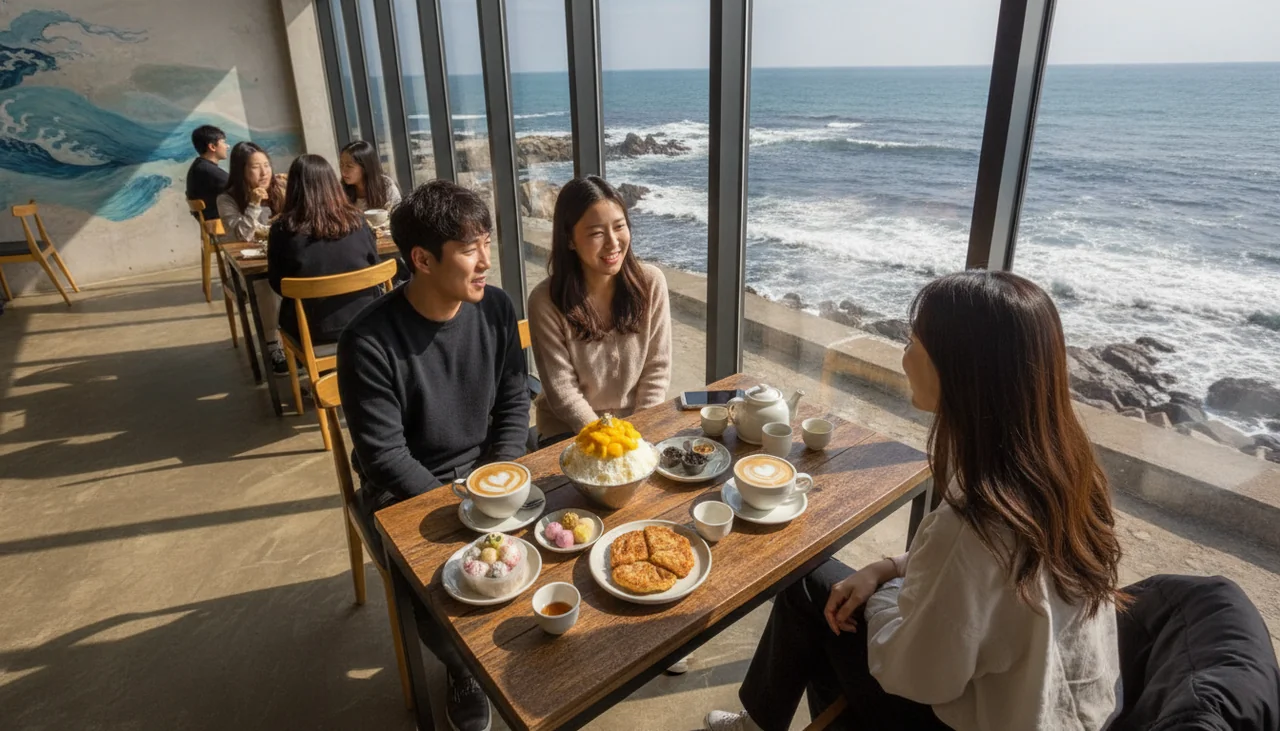 people enjoying coffee and desserts in a modern cafe with ocean view