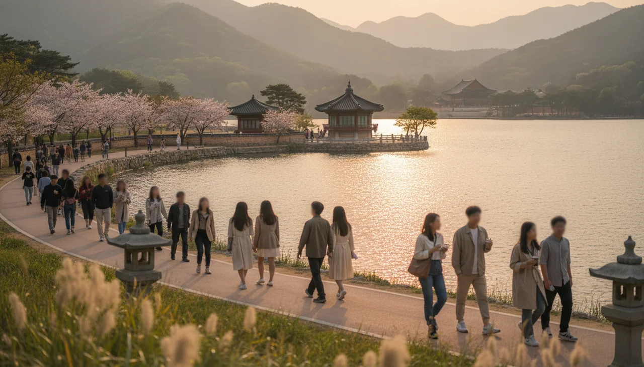 People walking near a scenic lake