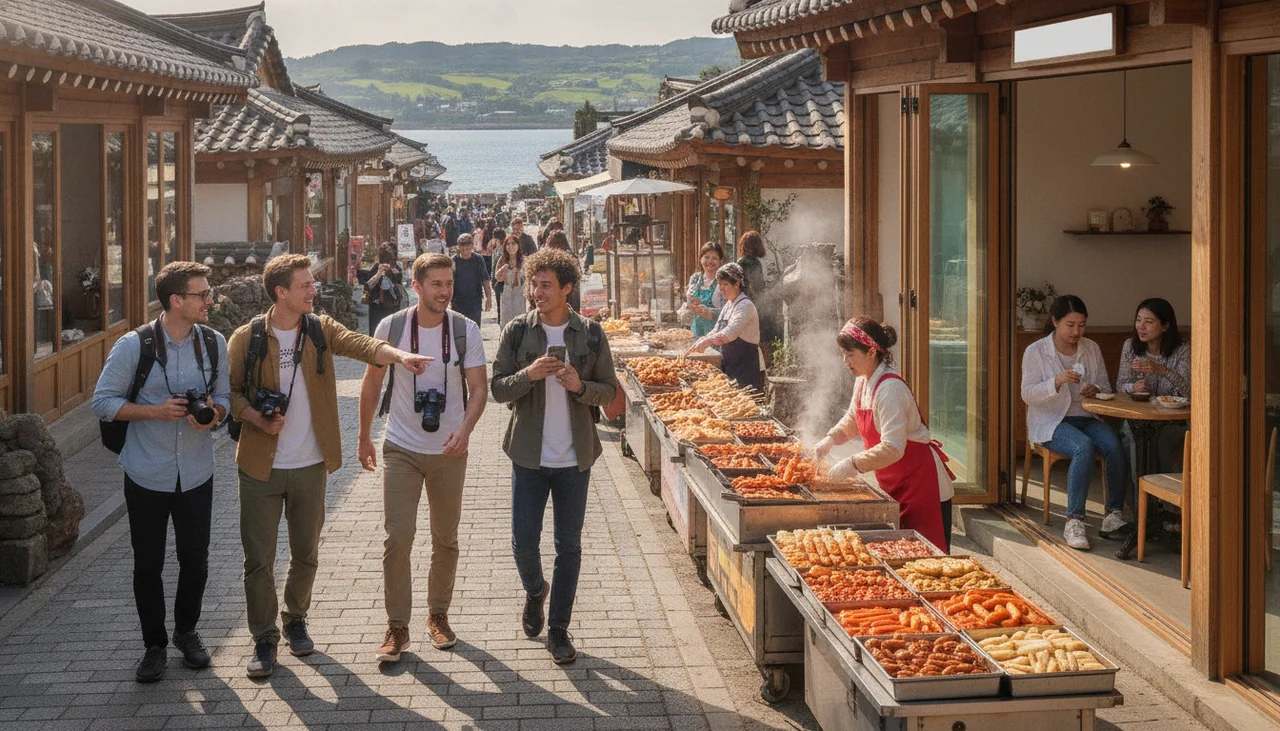 Tourists exploring Hamdeok's commercial street